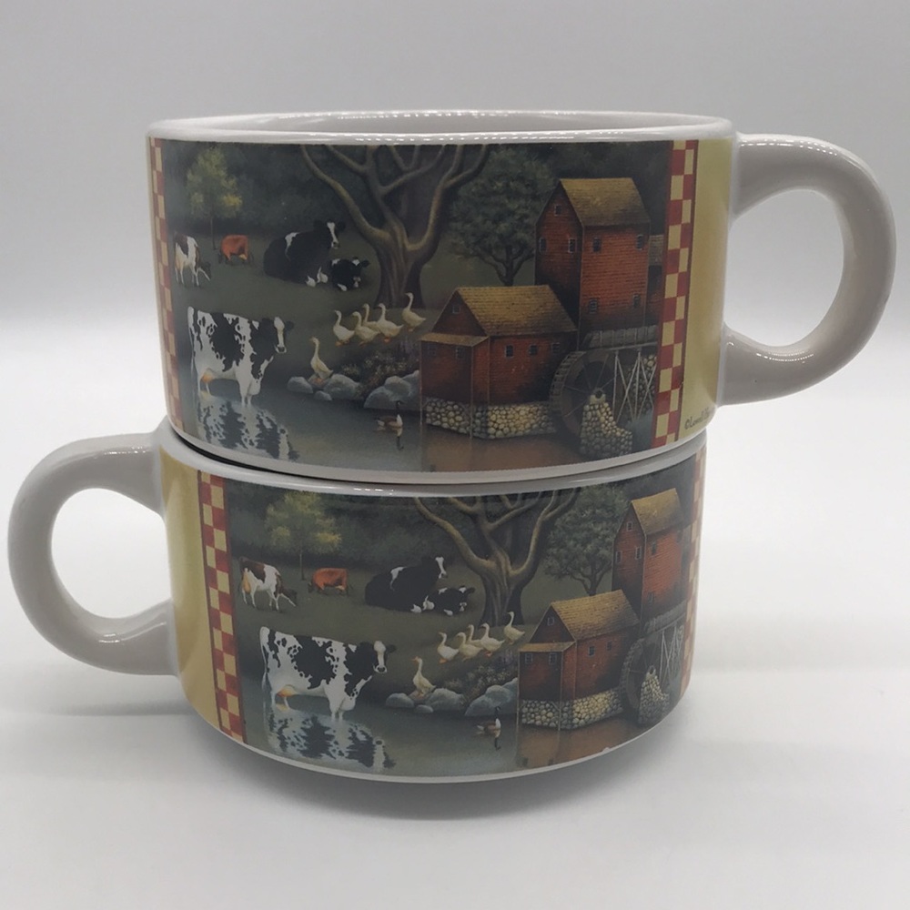 Lowell Herrero Soup Mugs Farm Cows Barn theme set of 2 Cups